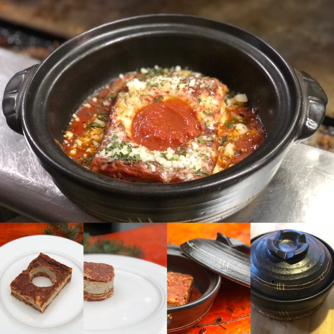 A collage of different foods in a pot.