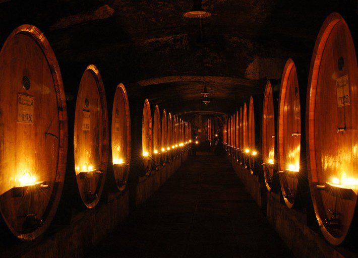 A long row of wooden barrels in the dark.