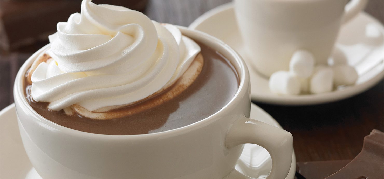 A cup of hot chocolate with whipped cream on top.