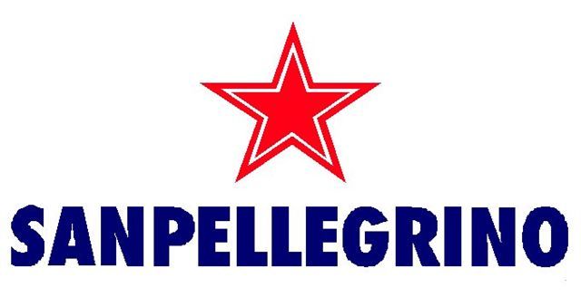 A red star with the word san pellegrino written underneath it.